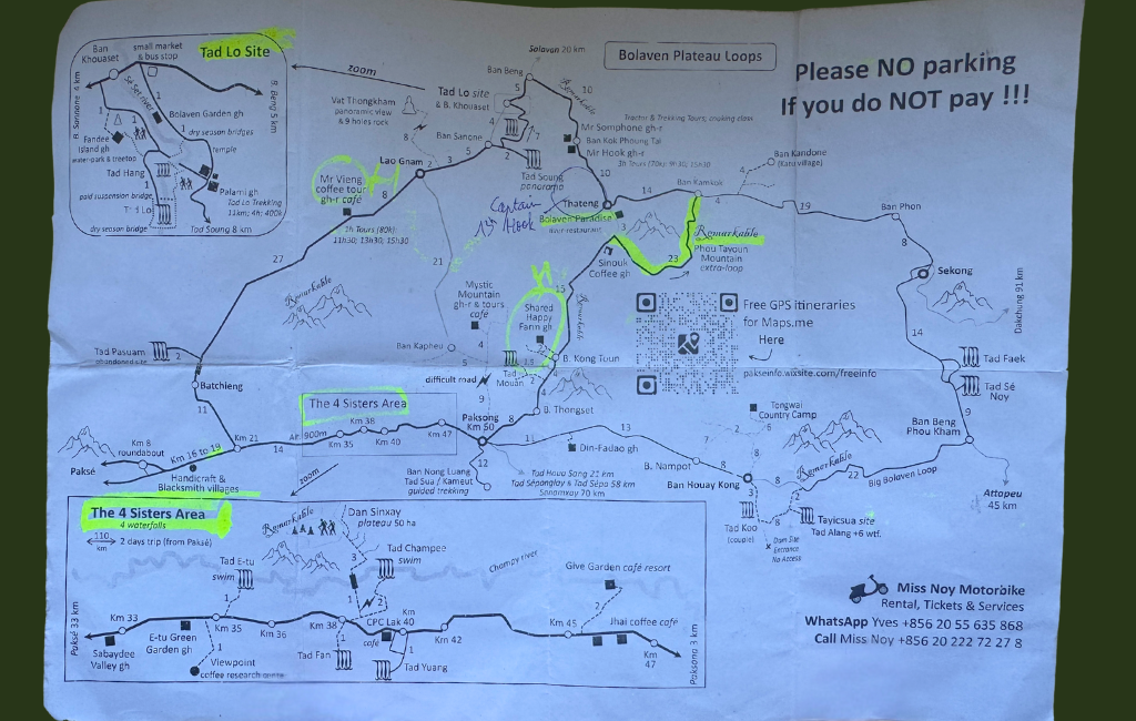 Carte itinéraire 3 jours sur la boucle de Paksé